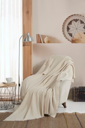 MNZ-Vera Ecru كوفة واحدة كرسيه غطاء شال 150 × 200 سم تلفزيون غطاء رمي القطن Mk-10006 - Lux Touch