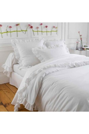MNZ-White Flat Single Ruffle Duvet Cover و غطاء وسادة - Maki