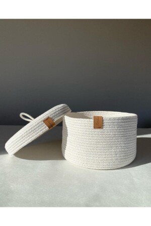 سلة متعددة الأغراض من الحجم المتوسط MNZ-White باستخدام الغطاء، سلة القطن، سلة أزياء، سلة فولاذ، حبل القطن Sevdamse - Sevdam Sepet