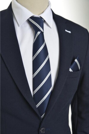 MNZ-White Stripped Navy Blue Handscoat Tie MKBY-4 - Brianze