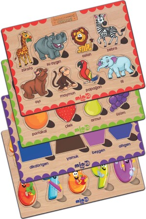 حيوان الغابة التركية من نوع MNZ-Wood. + الفواكه+الشكل+الأرقام مجموعة من 4 لغز تعليمي - Miniq Toys