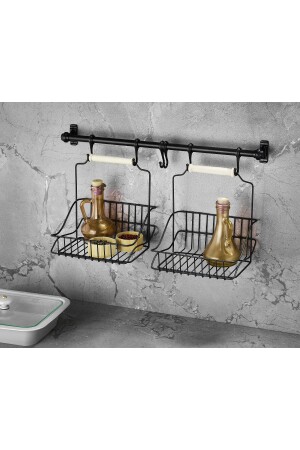 MNZ-Wrought Iron Metal Basket Hanger و هوك مجموعة السلة السوداء ريترو 2 السلة - Sas Haus