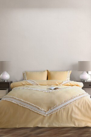 قطن مزدوج من طراز MNZ-Yellow Colored Cotton Double Pom-Pom Double Duvet Cover Set SPÇKN-2 - NDC HOME