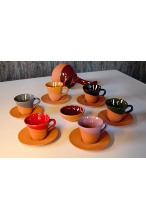 MNZ-Yörem Çömlek مجموعة من 6 كوبات قهوة مع وعاء قهوة وشراب تركي - YRM ÇÖMLEK