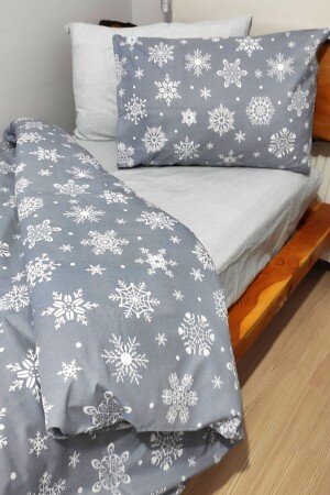 MNZ-Young Snow Patterned Winter Gray 4-piece Duvet Cover Set مع ورق مرنة لشخص واحد (100X200 سم) - Candan Çeyiz
