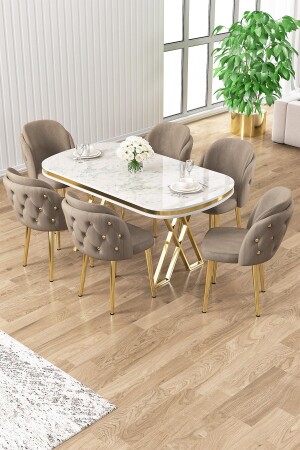 MNZ-Zae سلسلة 90x160 لوحة اللاكر البيضاء الرخام نمط طاولة الساق الذهبية مجموعة 6 مقاعد كابوشينو - Canisa