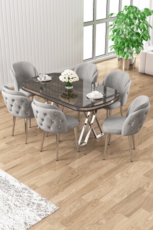 MNZ-Zae سلسلة 90x160 لوحة اللاكر الأنتراكيت إيروني الكروم الجدول قدم مجموعة 6 مقاعد رمادية - Canisa