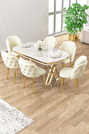 MNZ-Zae سلسلة 90x160 لوحة اللاكر البيضاء الرخام نمط طاولة الساق الذهبية مجموعة 6 مقاعد الكريم - Canisa