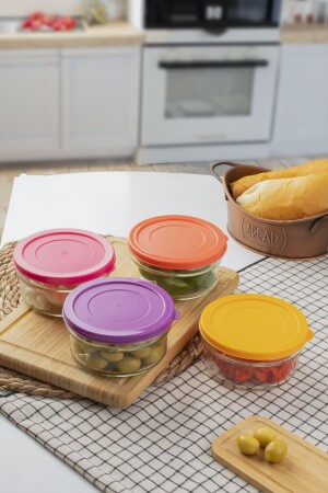 MNZ-Zuri 4 قطع إفطار جام كأس خفيفة كأس زجاجي كأس مخزن مع غطاء ملونة 400 سي سي - Paşabahçe