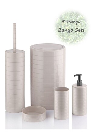 Moblen Beige Rundes Badezimmer-Set 5er-Set Mülleimer Zahnbürstenhalter Flüssigseifenspender BAYEV-MOBLENBEJ - 2