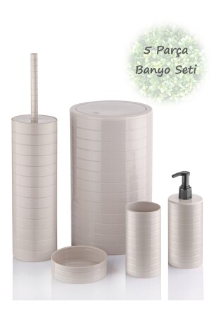 Moblen Bej Yuvarlak Banyo Seti 5'li Set Çöp Kovası Diş Fırçalık Sıvı Sabunluk BAYEV-MOBLENBEJ - 3