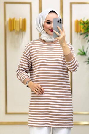 Moda Neva Damen-Hijab-Sommertunika aus dünnem Stoff, beige gestreift - 1