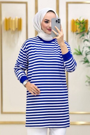 Moda Neva Kadın Ince Kumaş Saks Çizgili Tesettür Yazlık Tunik - 1