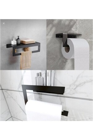 Modern Metal 3'lü Set Raflı Banyo Havlu Askılığı Rulo Havlu Askılığı Tuvalet Kağıtlığı 3'Lü Set - 1