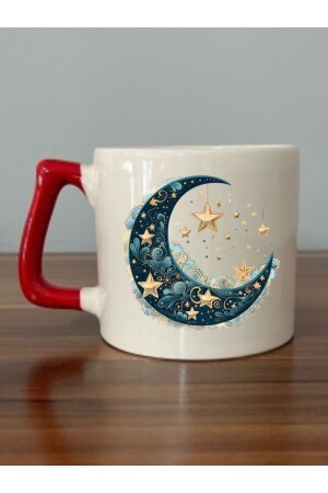 Moderne Tasse mit Mond und Stern und rotem Henkel – Keramik-Geschenktasse für Tee und Kaffee - 1