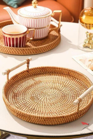 Modernes böhmisches Tablett aus Rattangeflecht mit Griffen, Präsentationstablett für Tee und Kaffee, dekoratives Mehrzwecktablett 28 cm pixibc15 - 4