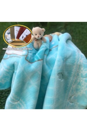 Modische Nerz-Babydecke mit kleinem Plüsch-Teddybär und Musselin-Mundwindel als Geschenk 967 - 10