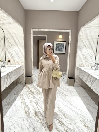 Moi Belden Oturmalı Denim Takım - Bej - Duendeca