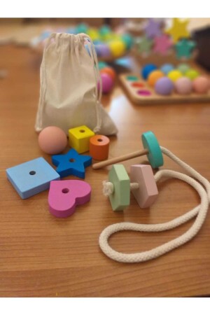 Montessori Ahşap Oyuncak - Giz Torbası Ve Ip Geçir Geometrik Şekiller Ikili Eğitici Kartlı Oyunu GZTRB0001 - 5