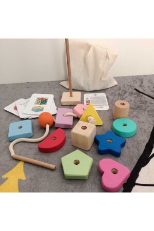 Montessori Ahşap Oyuncak - Giz Torbası Ve Ip Geçir Geometrik Şekiller Ikili Eğitici Kartlı Oyunu GZTRB0001 - 1