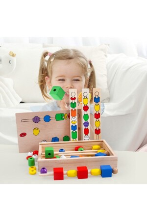 Montessori Eğitici Oyuncak Line Up Ahşap Boncuk Eşleştirme Çubuğa Dizme Oyunu Kutulu Linupahsap - 1