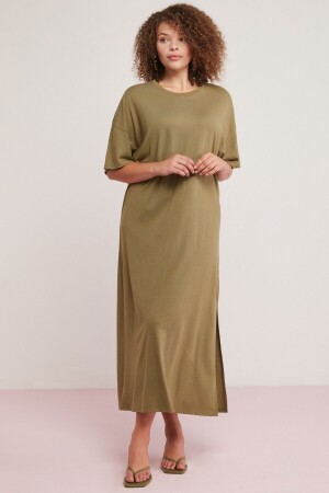 Morganne Kadın 100% Pamuk Dökümlü Yarasa Kol Yırtmaçlı Comfort Fit Haki Büyük Beden Elbise - 1