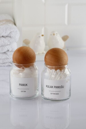 Moron 2'li 300 Ml Ahşap Top Kapaklı Cam Kavanoz Banyo Düzenleyici Set ( Farklı Etiket Seçenekleri ) 1000300 - ANJEAHOME