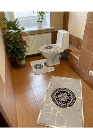 Motifli Tasarım 3'lü Banyo Paspası, Klozet Takımı Kaymaz Taban Dijital 60x100-50x60 B-164 - 1