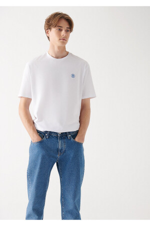 Mühür Logo Nakışlı Beyaz Tişört Loose Fit / Bol Rahat Kesim 067074-620 - Mavi