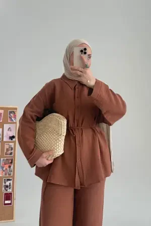 Müslin Kemerli Premium Takım Kahve - Nuuwears