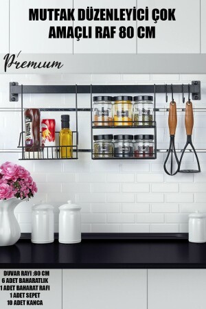 Mutfak Düzenleyici Çok Amaçlı 80 Cm Raf (6 BAHARATLIK-1 STANT-1 RETRO SEPET-10 KANCA) VG-817 - vipgross