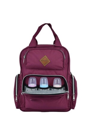 Mutter-Babypflege-Rucksack mit Tasche, wasserdichte Babytasche mit Flaschen-Thermosflasche, Weinrot - 3