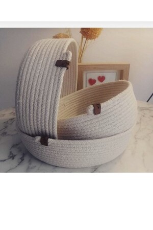 سلة ثلاث قطع متعددة الأغراض - سلة خياطة من الحبل - مجموعة سلة ديكوراتية - مجموعة سلة فولاذ - حمام قطن حبل أبيض - Myistasyon