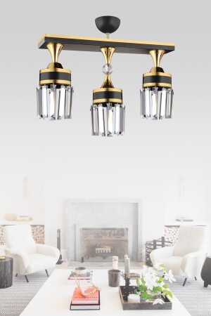 Nairobi 3'lü Siyah Sıralı Plafonyer Kristal Taşlı Sarı Şeritli Silindir Aşağı Bakan Lüks Avize 03260 - KARDELEN AYDINLATMA AVİZE