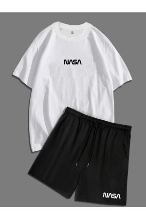 NASA-bedrucktes Unisex-Set mit schwarzem Oversize-T-Shirt mit lockerer Passform, Ober- und Unterteil, Doppelset mit Shorts TYC00787578805 - 2