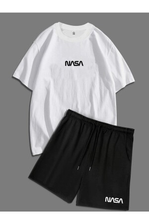 NASA-bedrucktes Unisex-Set mit schwarzem Oversize-T-Shirt mit lockerer Passform, Ober- und Unterteil, Doppelset mit Shorts TYC00787578805 - 1