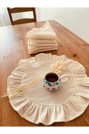 Natural Ham Keten Fırfırlı Yuvarlak Amerikan Servisi 6'lı Set 40x40cm - White Alamode