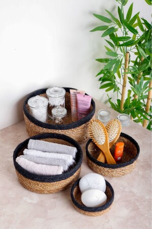 Naturel Hasır Sepet Organizer- Banyo Organizer- Siyah Şeritli 4 Boy - 2