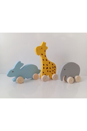 Naturholz „Giraffe – Elefant – Hase“ Auto mit Rädern Tierfigur SET AUS DREI Spielzeugen Dekorativ - 2