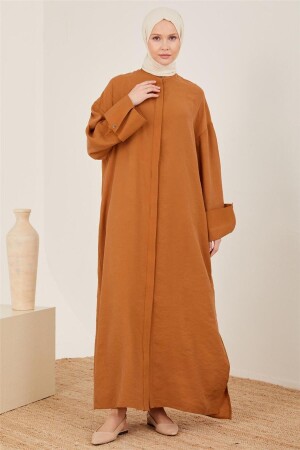 Natürliche Abaya mit Doppelärmeln und Gürtel 23Y8405 Zimt - 1