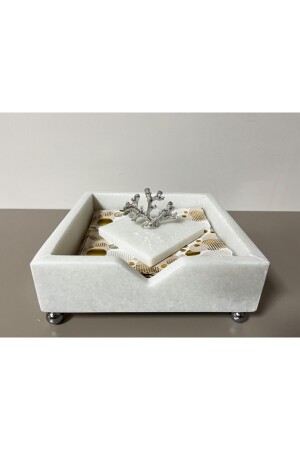 Natürliche schlichte Serviettenbox aus weißem Marmor mit silbernem Korallendetail PRPTT1 - 5
