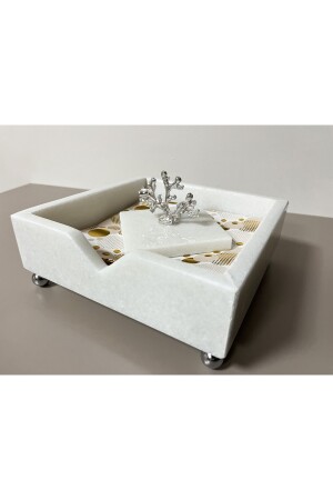 Natürliche schlichte Serviettenbox aus weißem Marmor mit silbernem Korallendetail PRPTT1 - 7