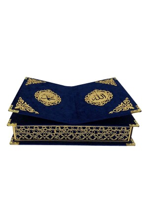 مجموعة من القرآن المنزلي مع ميكا خاصة مزخرفة مغطاة بالكامل بالخمط، صندوق هدية - Navy Blue - Ayfa Basın Yayın
