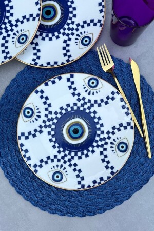 MNZ-Evil Eye Beaded Gold Golded 25 سم البورتسلين الحديثة الأزرق للاستعمال مجموعة لـ 6 أشخاص PDNZ25CMSS - porselenden