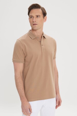 Nerzfarbenes Herren-T-Shirt mit Rollkragen aus 100 % Baumwolle, schmale Passform, schmale Passform, Polo-Ausschnitt, kurzärmlig - Altınyıldız Classics