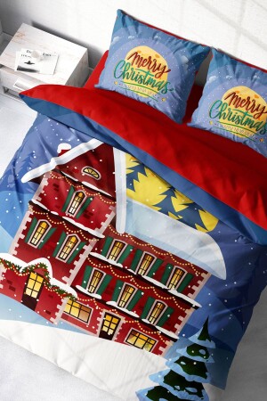 Neujahrs-Bettbezug-Set, 100 % natürliche Baumwolle, Frohe Weihnachten, Doppelbett, rotes Haus* monohome1108HF - 3