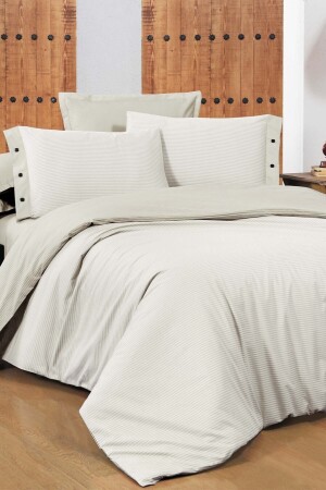 New Fancy Stripe Ekru Çift Kişilik %100 Pamuk Çizgili Nevresim Takımı SAREV.3181324005 - Sarev