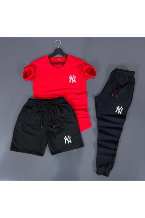 New York Baskılı Kırmızı-siyah Unisex Yazlık Eşofman Kombini - 1