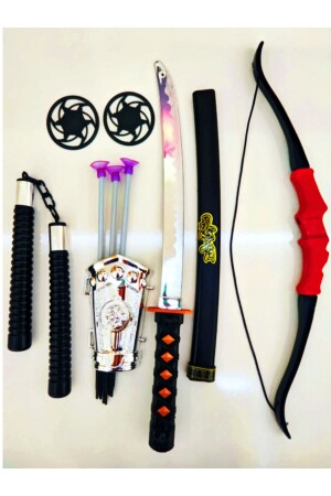 Ninja Samuray Dövüş Savaş Seti Ok Yay Kılıç Kalkan Mınçıka Ninja Yıldız Fırlatma Bıçağı 10 Parça OKYAYSET - 1