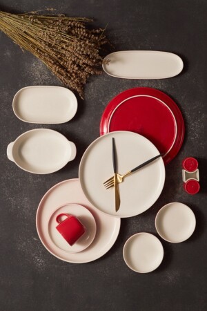 MNZ-Nordic Red 27 Piece Porcelain Breakfast/Serving Set لـ 6 أشخاص - Karaca